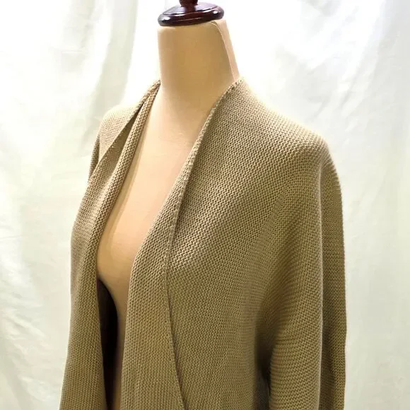 COZY CHIC Tan Knit Waterfall Cardigan | Oversized Drape Front | Small - Picture 3 of 8